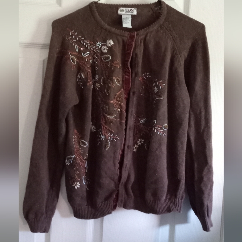 TIARA International Rich Brown Beads Embroidery Velvet Facing Cardigan-Size: M - Picture 1 of 15